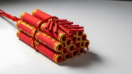 Chinese New Year Red Firecracker Bundle Tied With Rope On White Background