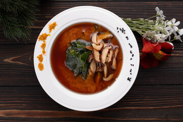 Classic miso soup wooden background