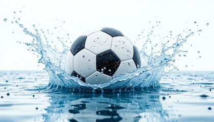 Classic black and white soccer ball creating a refreshing water splash