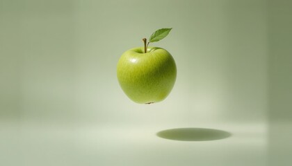 A fresh green apple magically floating in a serene light green environment