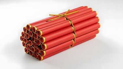 Chinese New Year Red Firecrackers Bundle Tied With Gold Rope On Clean Background