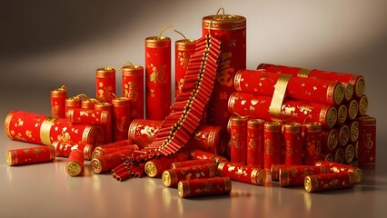 Chinese New Year Red Firecrackers Arrangement With Golden Pattern On Studio Table