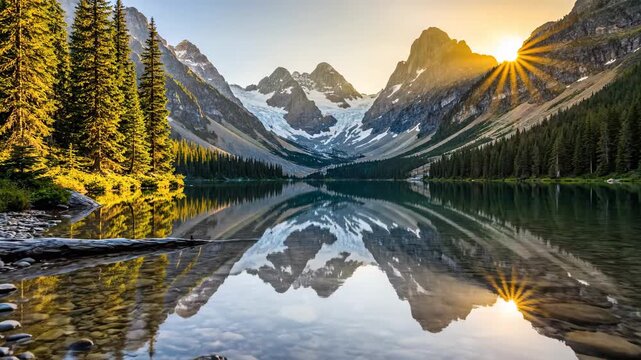 Majestic mountain landscape at sunrise with clear lake reflecting peak and vibrant sun rays