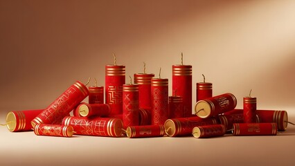 Chinese New Year Red Firecrackers Collection With Golden Details On Studio Background