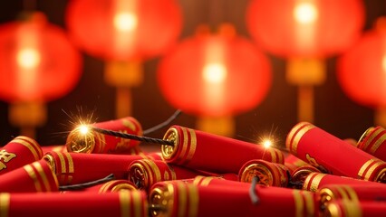 Chinese New Year Red Firecrackers With Sparks And Lantern Bokeh Background