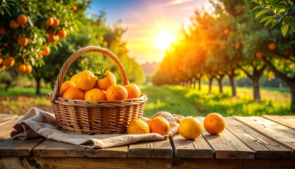 노을 속 과수원의 바구니에 담긴 신선한 오렌지 Basket of Fresh Oranges in Orchard at Sunset