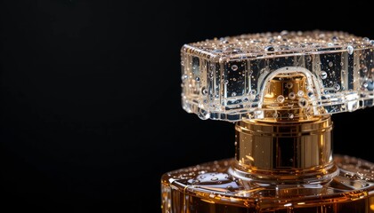 Exquisite fragrance bottle adorned with sparkling water against a dark backdrop