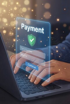 Secure online payment transaction on laptop with virtual confirmation icon, representing fintech, ecommerce checkout, digital banking, and financial technology security
