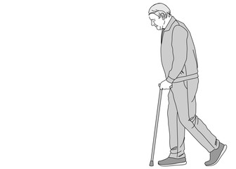 Obraz premium 杖をついて歩いている高齢男性 おじいさんのイラスト 全身横向き 横顔