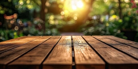 The warm glow of sunlight enhances the beauty of a wooden table in the garden.