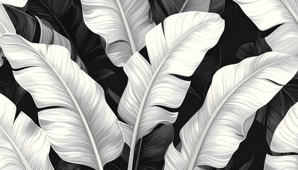 Large grayscale foliage, depicting overlapping tropical leaves on a dark background. The detailed illustration emphasizes texture and form