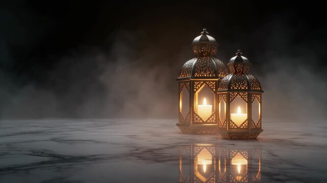 Three ornate lanterns with soft glow on a misty surface.