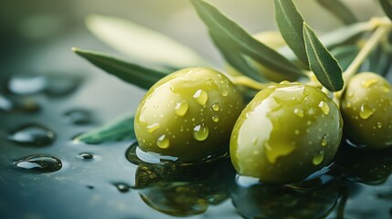 Close-up of fresh green olives with glistening water droplets on a dark, wet surface, highlighting their natural beauty and healthy appeal