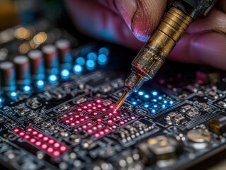 Close-Up of Technician Working on Circuit Board with Multicolor LEDs