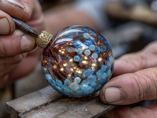 Artisan craftsman creating a delicate glass ornament with blue details
