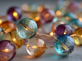 Colorful Decorative String Lights with Glass Beads in Soft Focus