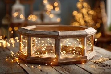 Cozy wooden display with soft glowing fairy lights and warm ambiance