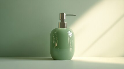 Elegant pastel green ceramic pump dispenser for liquid soap, showcasing minimalist design and modern bathroom aesthetics with natural light and shadow
