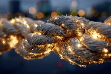 Close-Up of a Twisted Rope with Soft Glowing Lights at Night