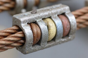 Close-Up of Metal Component with Colorful Rings on Steel Cable