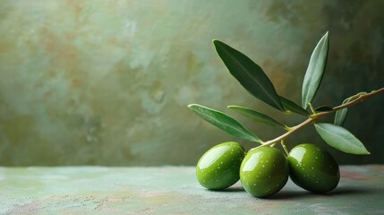 Vibrant green olives on a delicate branch, showcasing their fresh appearance and healthy qualities, artfully arranged against a textured, earthy background