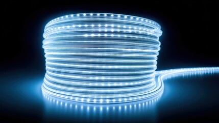 Glowing Blue Light Rope Coiling on Black Background in Dim Light