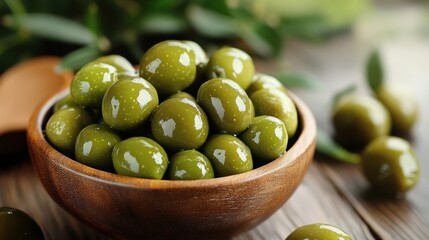 A rustic wooden bowl brimming with fresh, glossy green olives, artfully arranged on a natural wooden table with a subtle leafy background, highlighting healthy Mediterranean ingredients