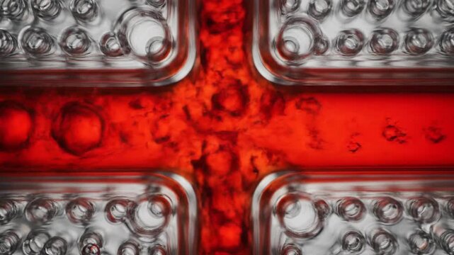 Cinematic Macro Flow of Red Fluid Inside Microfluidic Organ on a Chip