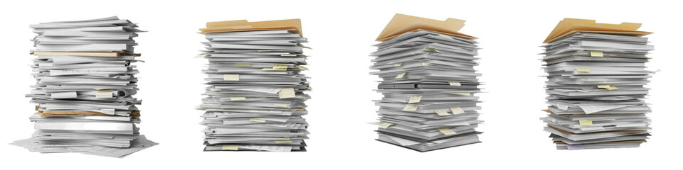 Stacks of Paper Documents Isolated on White Background – Office Workload and Paperwork Concept