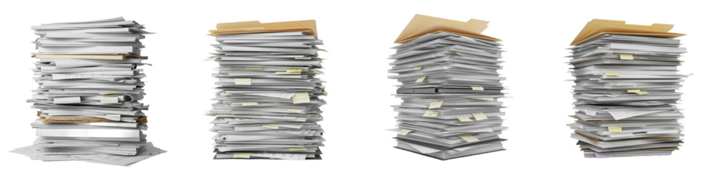 Stacks of Paper Documents Isolated on White Background &ndash; Office Workload and Paperwork Concept
