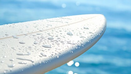 물방울이 맺힌 젖은 흰색 서핑보드 클로즈업 Close up of wet white surfboard with water droplets