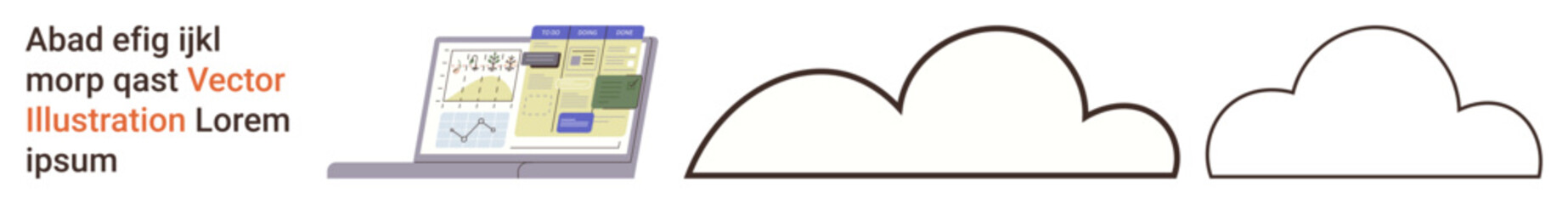 Data analysis, cloud computing, remote storage, technological innovation, digital information, business solutions. A laptop screen showing analytics next to cloud shapes. Cloud computing and data