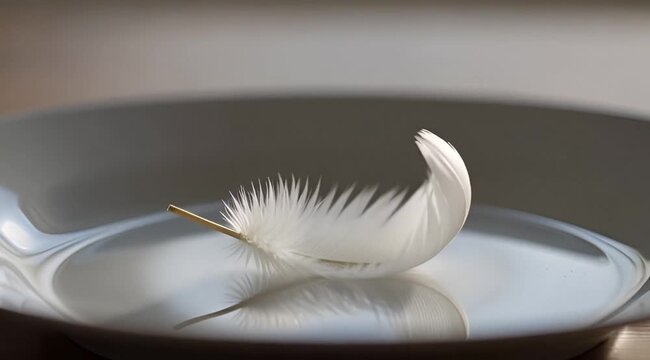 Closeup of a white feather floating above a smooth surface