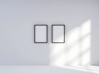 Wall art mockup, Two blank black frames on a minimalist white wall with sunlight casting patterned shadows