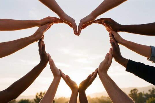Diverse hands forming a heart shape symbol of unity and love against a bright sunset sky