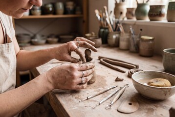 Female artisan hands modeling clay sculpture on workbench in pottery studio with sculpting tools