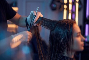 Professional hairstylist hands in gloves cutting wet hair of young woman in modern beauty salon