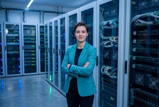 Confident female system administrator standing in front of server racks in a modern data center - Powered by Adobe