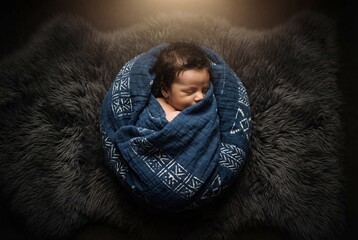 Sleeping newborn baby with dark hair wrapped in blue geometric cloth on soft dark fur rug