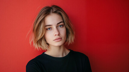 Portrait of young woman with freckles and short blonde hair wearing black top against red background looking at camera