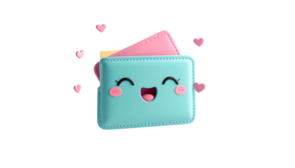 Cartoon wallet with happy face, pink hearts, and open card slots on a dark background