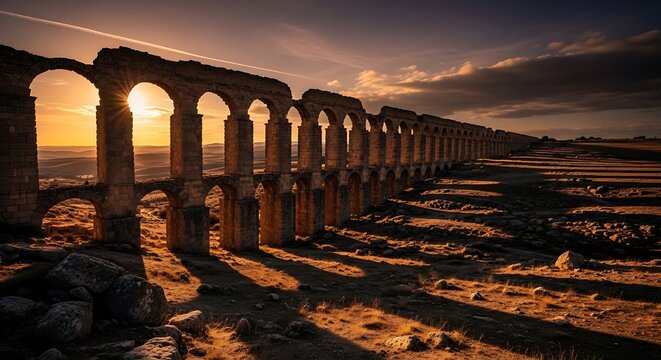 Ancient Roman aqueduct stretching into the distance at sunset with dramatic shadows