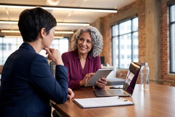Fototapeta premium Smiling senior manager talking to female colleague with digital tablet in modern brick office