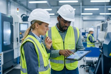 Two engineers in safety vests and hard hats discussing blueprint on digital tablet in modern factory