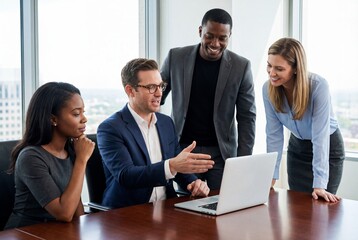Diverse business team collaborating around a laptop during a strategy meeting in a modern office