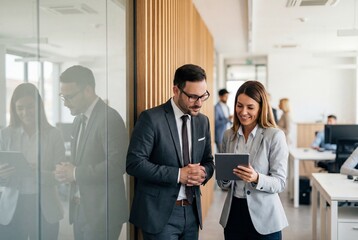 Smiling business colleagues discussing work on a digital tablet in a modern corporate office hallway