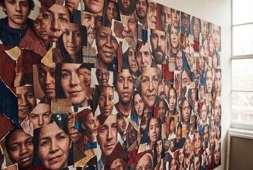 Artistic collage of diverse human portraits torn and arranged on a wall near a bright window