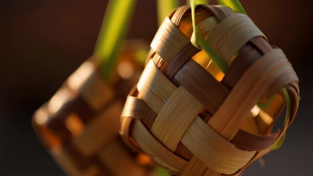 Intricately woven bamboo baskets with green stems.