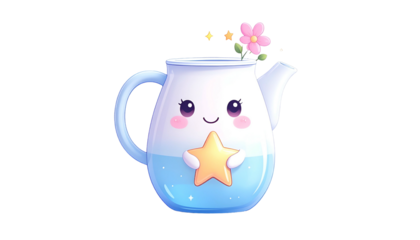 Cartoon teapot with big eyes, holding a star, topped with flower and sparkles