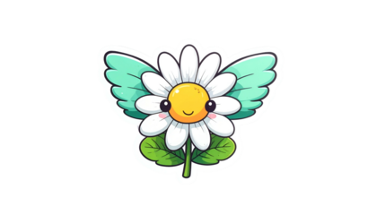 Cute cartoon daisy with wings, smiling, and green leaves against a black background